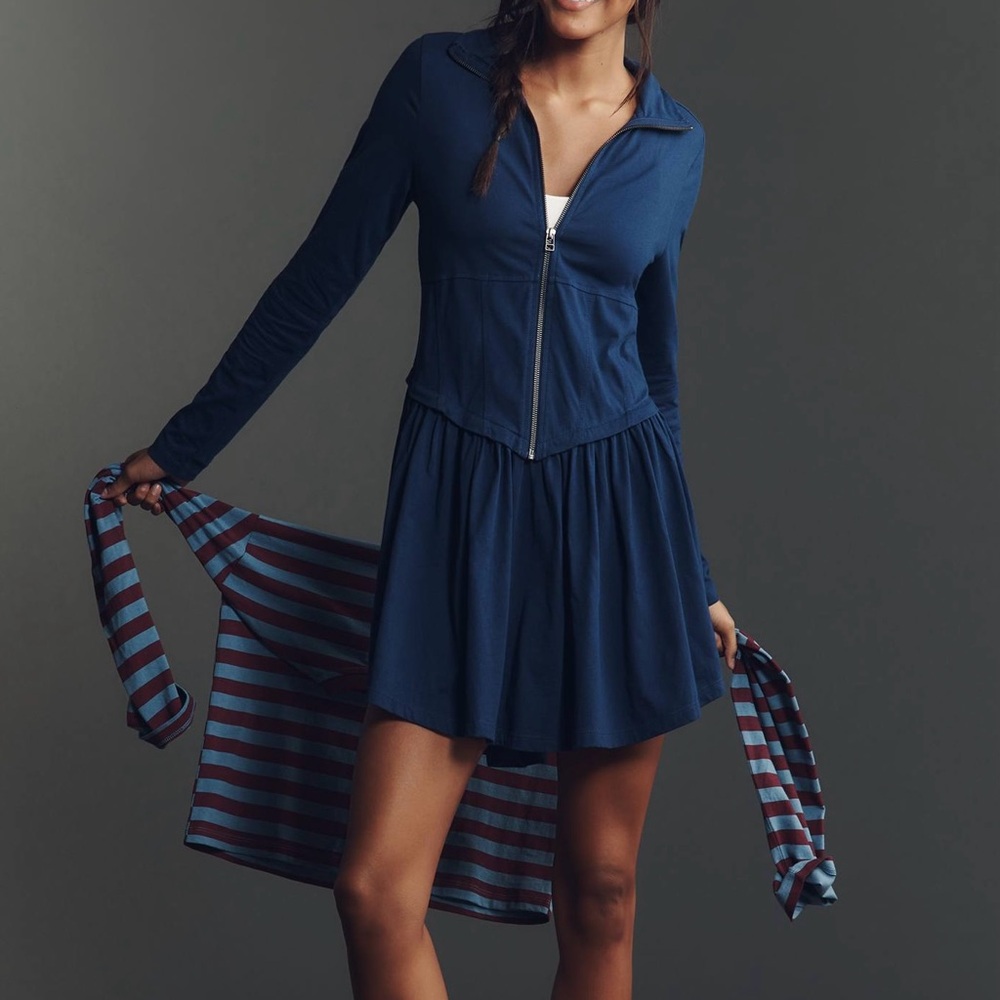 Daily Practice by Anthropologie Taylor Long Sleeve Zip-Front Mini Dress Blue  M